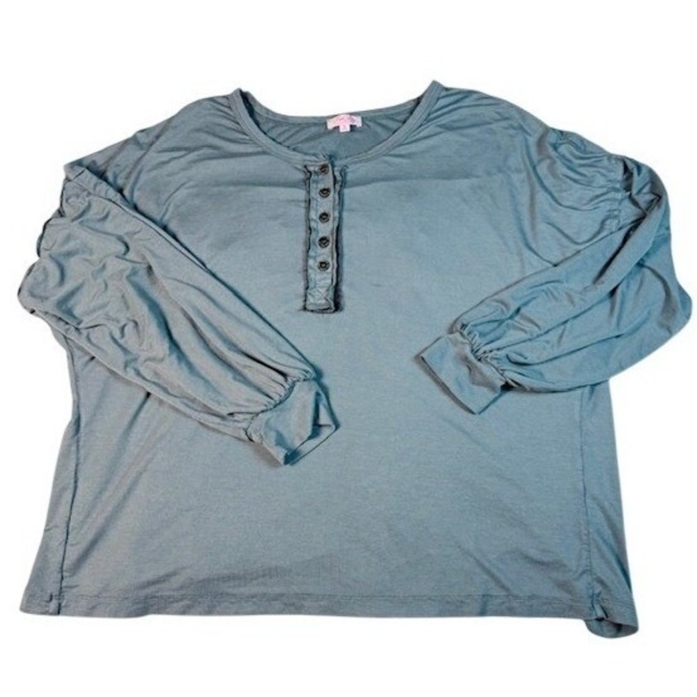 Polly & Esther Henley Top Womens XL Blue Balloon Sleeve Relaxed Knit Shirt